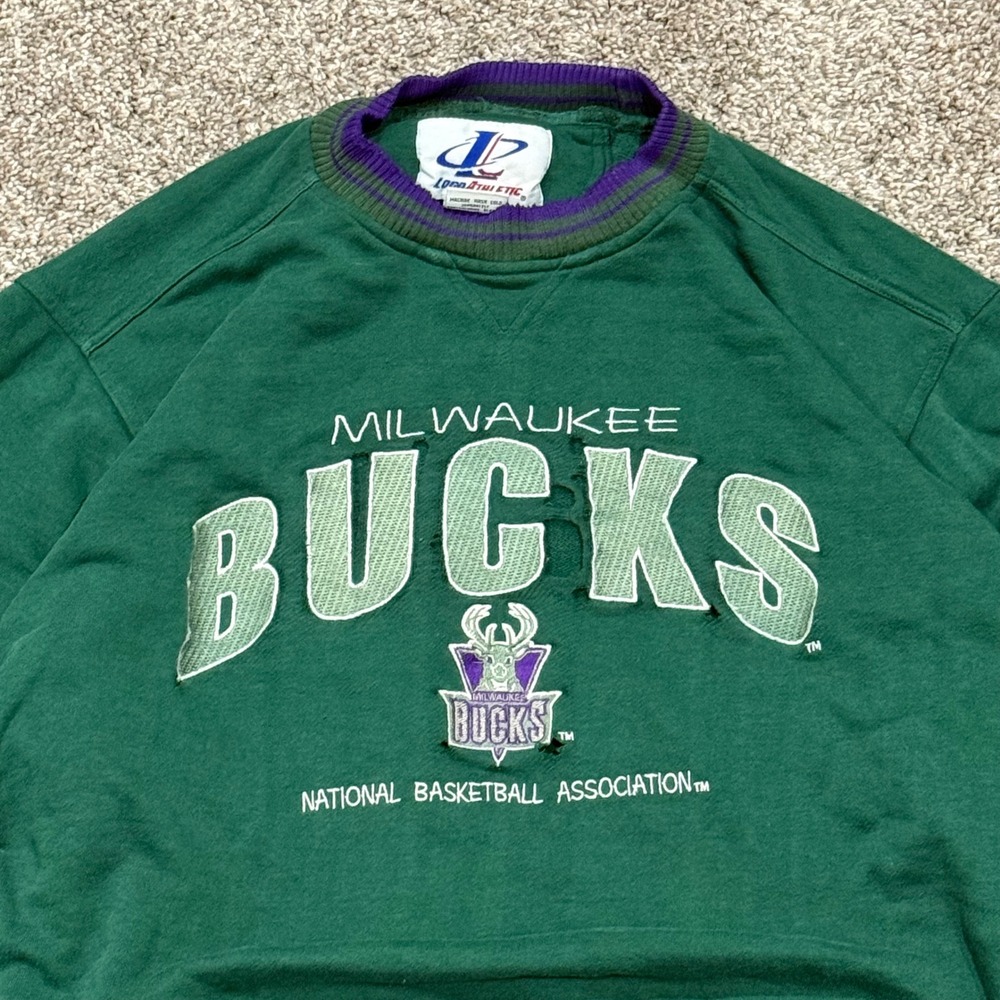 Vintage 90s Logo Athletic Milwaukee Bucks Sweatshirt NBA Distressed Mens XXL